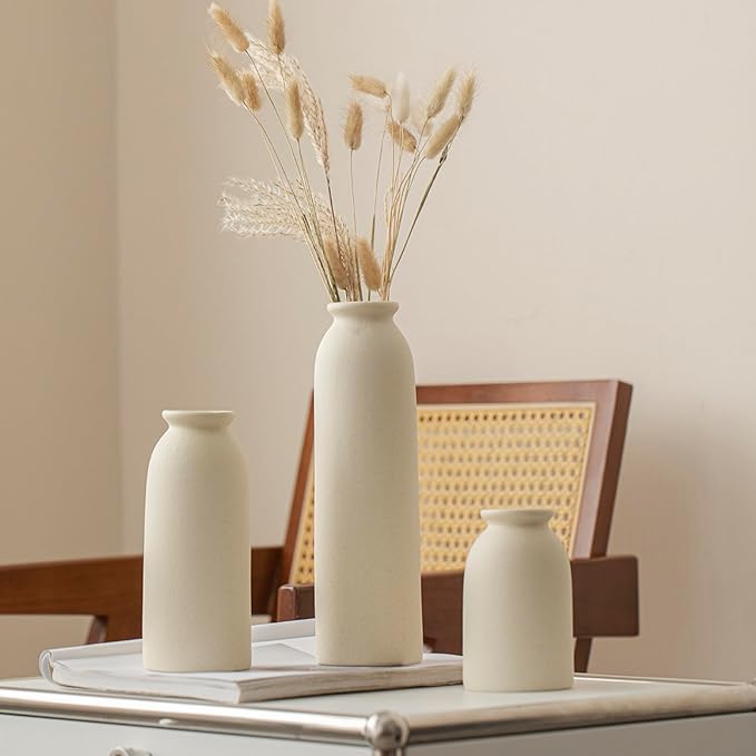 10.4 inches Tall Decorative Ceramic Vase Set, 3 Pieces, 10 inches Nordic Modern Style, White, Farmhouse Home Boho Shelf Decor(Beige L)