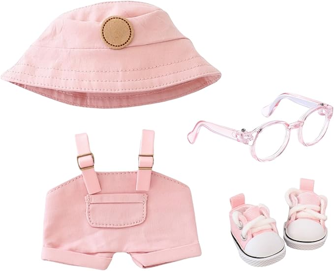 Clothes for Dolls Accessories, Stylish Kawaii Overalls Outfit Set 4 Pieces Bib Pants for 15cm 17cm Doll, Cute Doll Hat Shoes Clothing Set Replacement Pink (No Dolls)