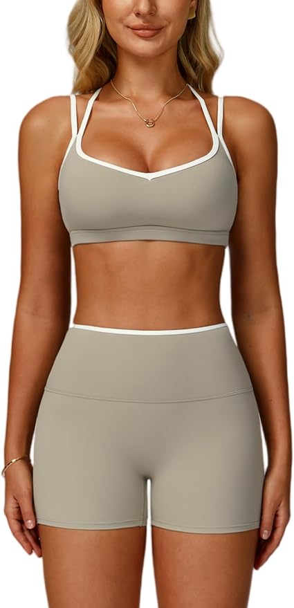 ABOCIW Workout Sets for Women 2 Piece Color Block Strappy Sports Bra High Waist Shorts Gym Yoga Pilates Outfits