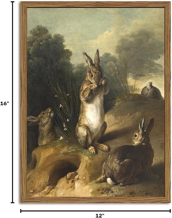 Vintage Easter Rabbit Wall Art, Rustic Bunny Wall Decor Painting Cottagecore Animal Poster Canvas Prints Picture for Living Room Farmhouse Bedroom 12x16 inch Wood Framed
