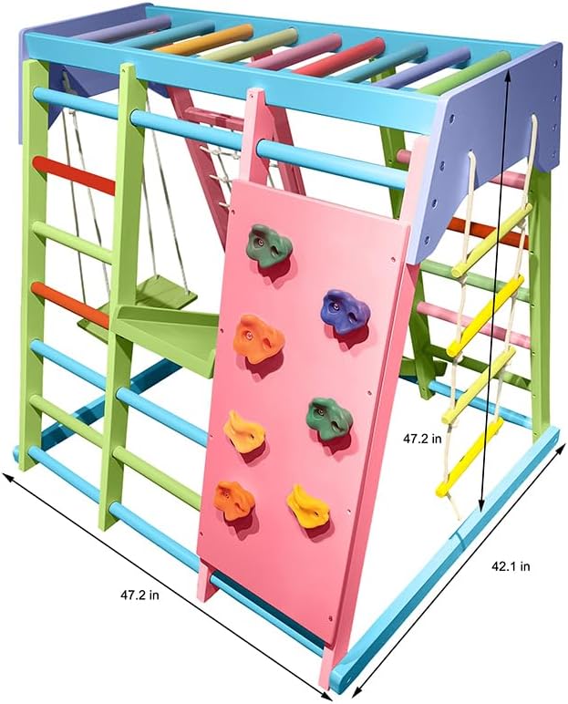 Avenlur Magnolia Indoor Playground 7-in-1 Jungle Gym Playset for Kids 2-6yrs - Slide, Climbing Wall, Rope Wall Climber, Monkey Bars, Swing - Waldorf and Montessori Style Wooden Climb Set.