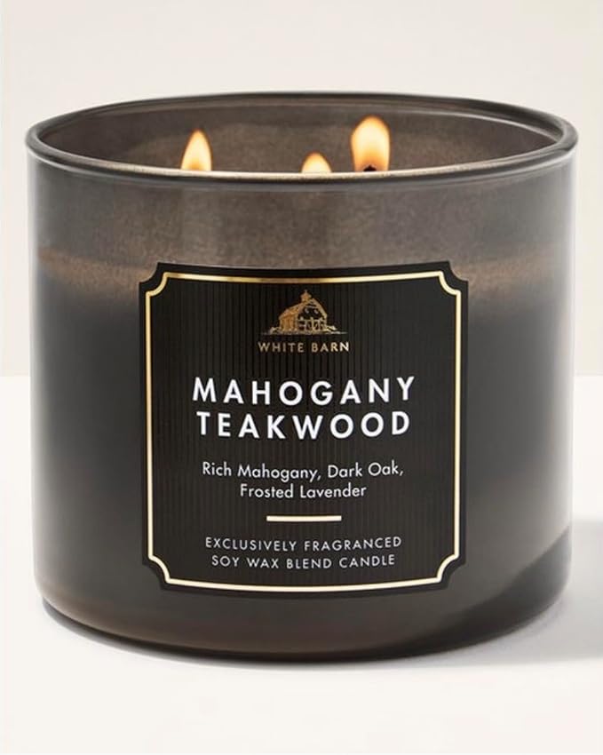 Bath and Body Works, White Barn 3-Wick Candle w/Essential Oils - 14.5 oz - 2021 Core Scents! (Mahogany Teakwood High Intensity)