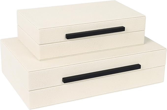 Beige Shagreen Decorative Storage Boxes – Set of 2 Faux Leather Jewelry & Memory Boxes with Black Metal Handles, Nesting Photo Organizers for Home Decor, Gift, and Office Organization