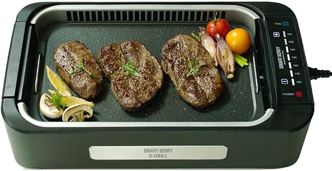 SMART BERRY 3 in 1 Smokeless Electric Indoor Grill, Nonstick Grill/Griddle Plates, Jjamjjapan, Glass Lid, Portable Korean BBQ Grill with 7-Level Control (Jjamjjapan set Black)