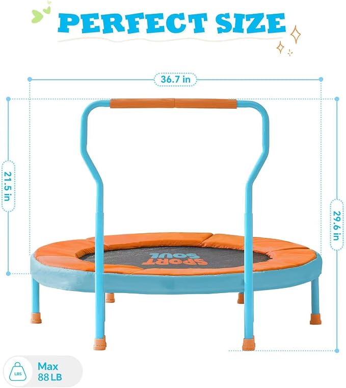 SPORTSOUL Mini Trampoline for Kids 3-6 with Super Safe Foam Handle Bar, 3ft Toddler Trampoline Indoor with No-Gap Cover for Indoor and Outdoor