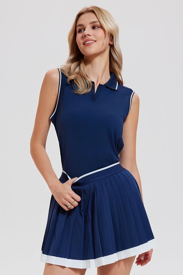 AFZ Tennis Outfits Polo Top and Color Blocked Pleated Tennis Dress Golf Outfits for Women Athletic Dress with Shorts