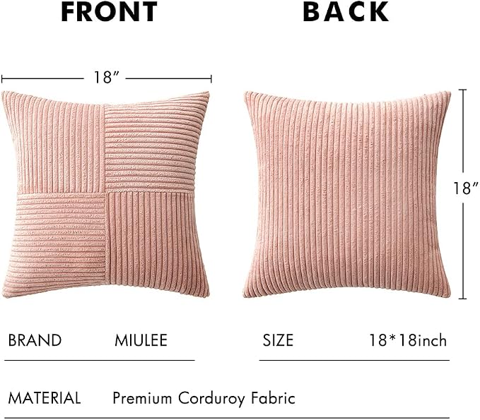 MIULEE Pink Decorative Throw Pillow Covers for Couch 18x18 Inch | 2 Pack, Boho Farmhouse Pillow Covers, Soft Cross Corduroy Patchwork Textured Cushion Cases For Bed Sofa