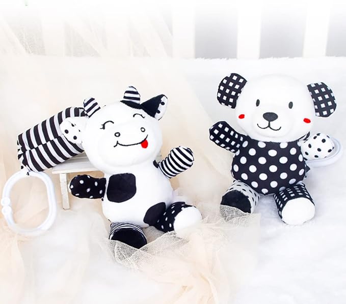 Baby Car Seat Toys, Black White Stroller Toy, Hanging Rattle Toys for Crib Mobile, Newborn Sensory Toy for 0-12 Months (Calf/Panda)