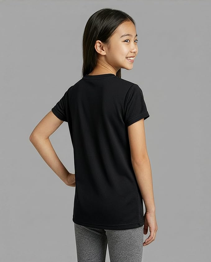 Real Essentials 5 Pack: Girls' Short Sleeve Dry-Fit Athletic T-Shirt - Active Gym Crew Neck Tops for Teens Kids (Ages 4-16)