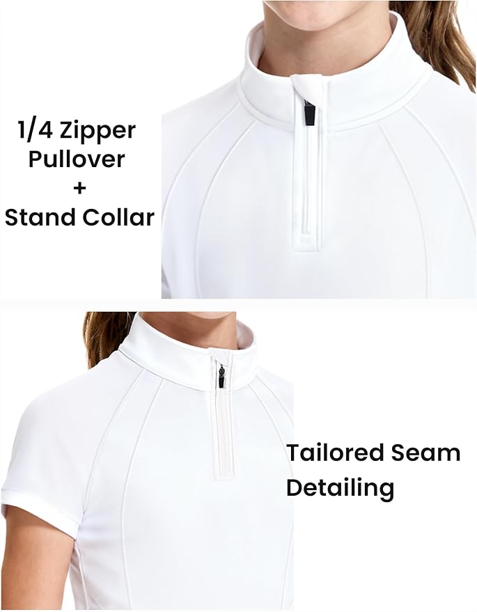 JOCMIC Girls Equestrian Shirt Short Sleeve Quick Dry Horse Riding Shirts Half Zip Horseback Show Shirt