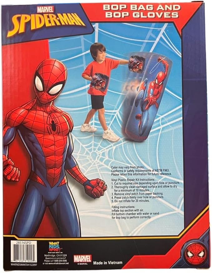 Spiderman Spider-Man Inflatable Bop Bag & Bop Gloves Set Kids Punching Bag with Gloves, Freestanding Superhero Blow Up Bouncing Boxing Bag for Exercise, Durable Heavy Duty Indoor and Outdoor - 34.5"