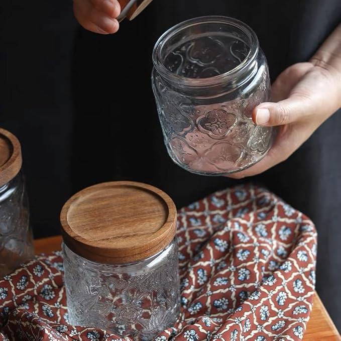 Set of 4 Vintage Glass Airtight Storage Jars, 17 FL OZ Glass Storage Containers with Bamboo Lids, Canning Jar for Kitchen Counter, Pantry, Cookie, Coffee, Tea, Sugar, Cute Jars | Glass Food Storage Containers for Coffee, Tea, Sugar, Candy, Cookie, Over...