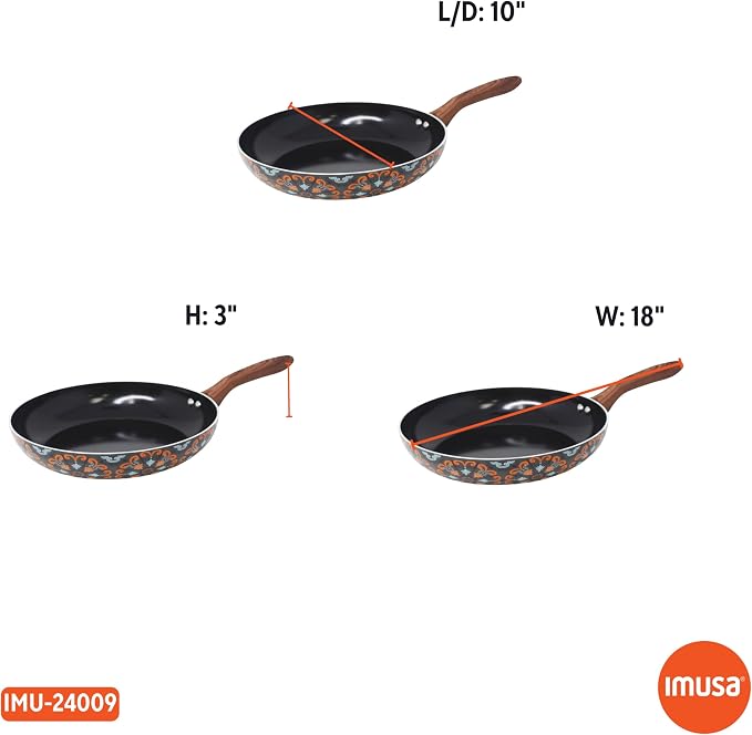 IMUSA 10 Inch Talavera Aluminum Black Ceramic Fry Pan with Woodlook Handle | Ceramic Nonstick, Glass Lid with Helper Handle, Deep Sauté Pan, Ideal for Family Cooking