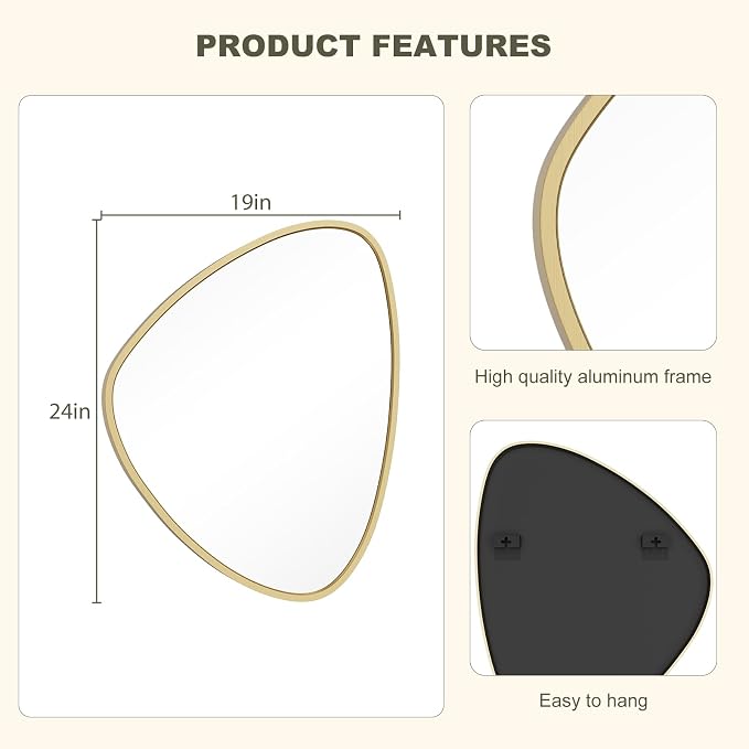 Asymmetrical Mirror, Irregular Wall Mirror, Wall Mirrors Decorative for Bedroom Living Room entryway Hall, Wall Mirror for mid Century Modern Decor 24" H x 19" W, Gold