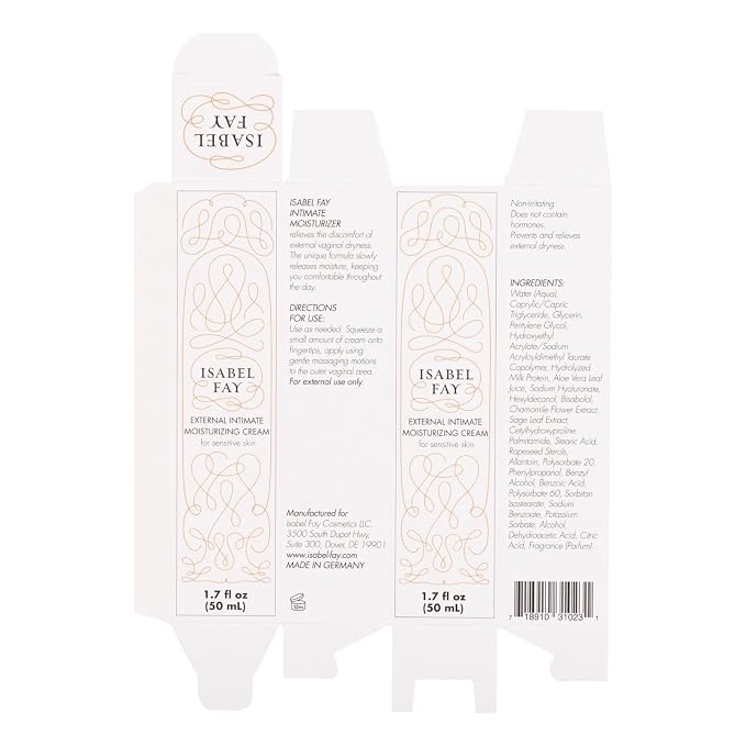 Isabel Fay Anti-itch Vaginal Moisturizer for sensitive skin. Non irritating. No hormones. Prevents and relieves dryness itching, pinching and burning.