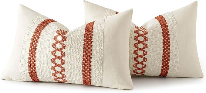 MIULEE Set of 2 Fall Burnt Orange Decorative Lumbar Pillow Covers 12x20 | Farmhouse Boho Couch Throw Pillows, Modern Cushion Covers, Macrame Woven Home Decor for Bed Sofa Chair