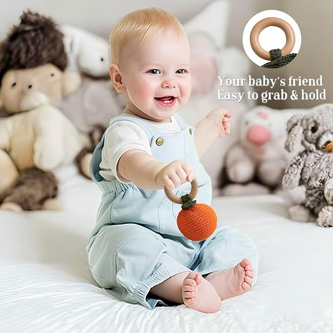 Wooden Baby Rattle Toys Stuffed Crochet Rattle with Teether Ring for Newborn Babies Fruit Wooden Teether Toy Infant Toddler Handcrafted Crochet Rattles Cute Shower Gifts for Boy and Girls
