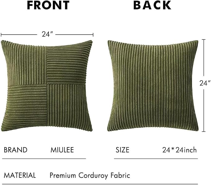 MIULEE Olive Green Decorative Euro Sham Pillow Covers 24x24 Inch for Bed Couch Sofa Spring Decor Pack of 2 Boho Farmhouse Throw Pillows Soft Cross Corduroy Patchwork Textured Cushion Cases