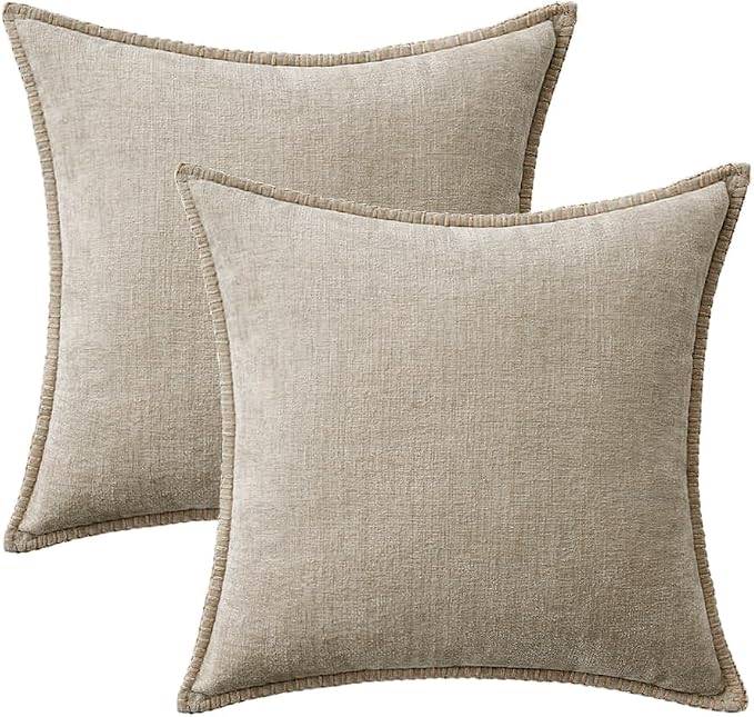 MIULEE Decorative Couch Throw Pillow Covers 18x18 Inch Light Taupe 2 Pack | Neutral Farmhouse Pillow Covers with Stitched Edge, Soft Chenille Cushion Cases, for Sofa Bed Living Room Home Decor