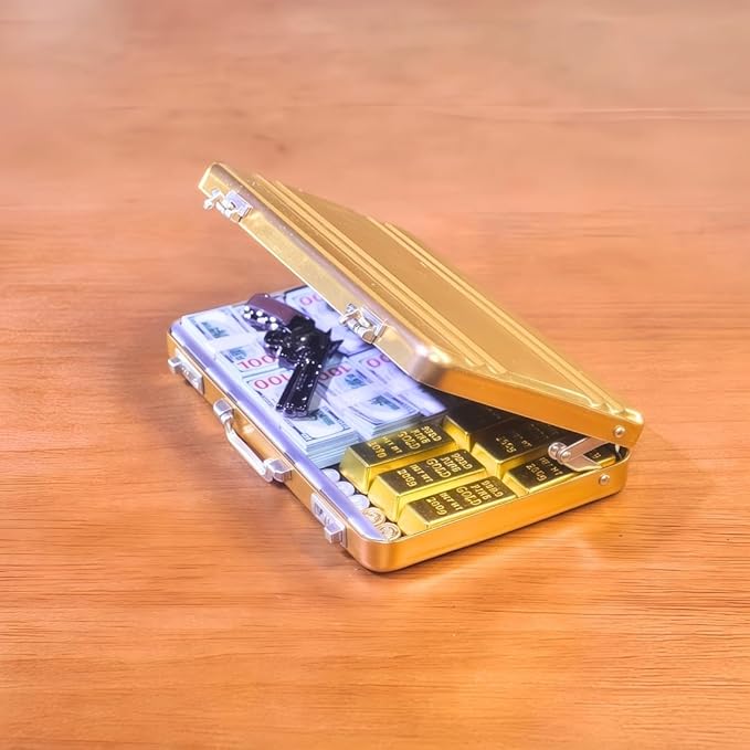 1:6 Scale Miniature Briefcase Set - Includes Fake Gold Bars, Bundles of $100 Mini Dollar Bills, Vintage Coins and Mini Weapons - Unique Adult NoveltyToy & Dollhouse Accessories (Golden)