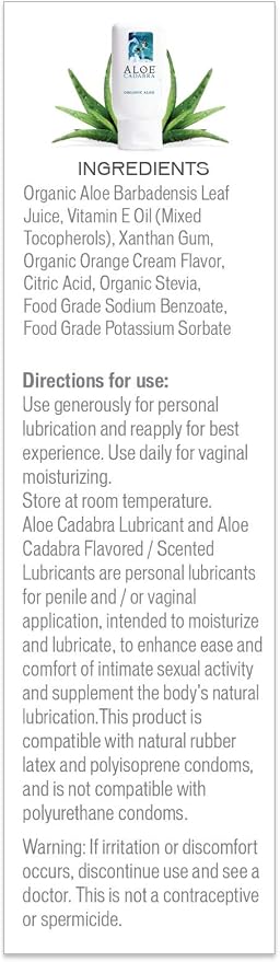 Aloe Cadabra Flavored Personal Lubricant & Vaginal Moisturizer, NSF Certified Organic Edible Aloe Lube for Men, Women, Non-Staining, pH Balanced, (Orange Cream, 2.5oz, 1 Pack)