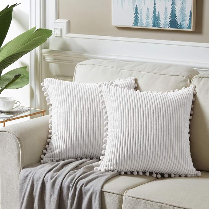 Fancy Homi Pack of 2 Pure White 20 x20 Inch Decorative Throw Pillow Covers with Pom-poms, Soft Corduroy Solid Square Cushion Cases Set for Couch Living Room Bedroom Sofa Car