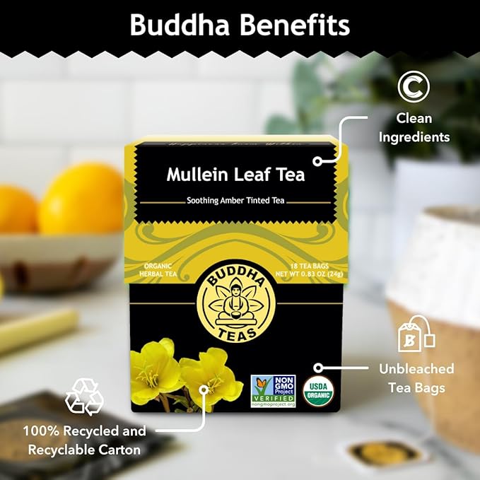 Buddha Teas - Mullein Leaf - Organic Herbal Tea - Single Ingredient - Warm Amber Hue - Mild, Earthy, Sweet Taste - Enjoy Hot or Cold - Caffeine Free - 100% Kosher & Non-GMO - 18 Tea Bags (Pack of 1)