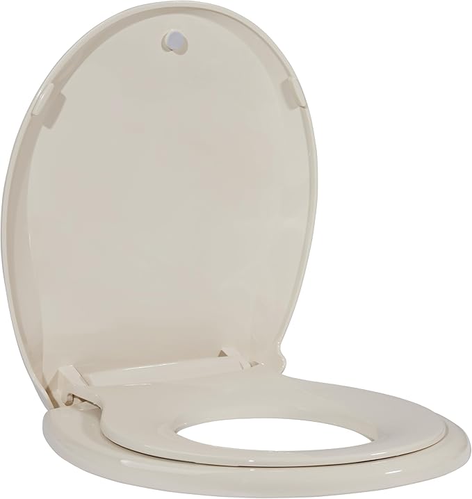 17" Round Toilet Seat for Adult and Child, Built-In Potty Training Seat with Soft Quiet Close Non-Slip Design, Magnetic Kids Seat and Cover for Round Toilets in Almond Color, Easy to Install and Clean