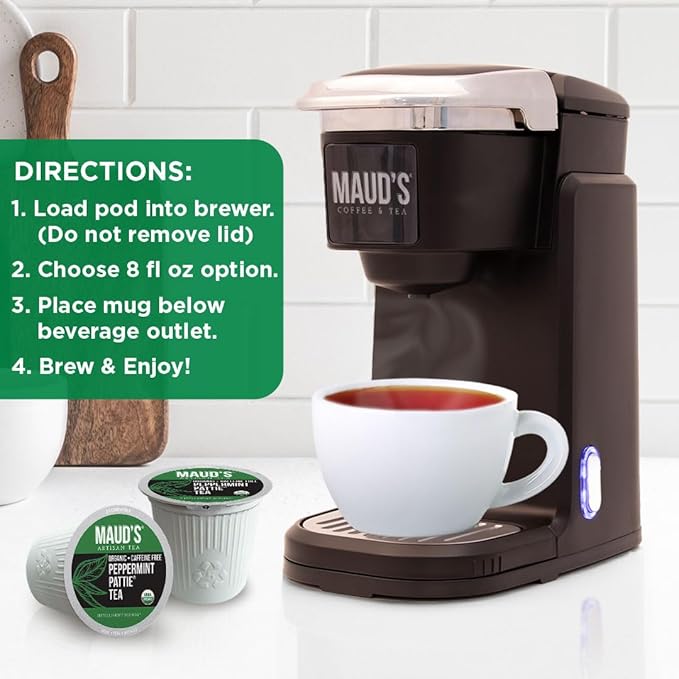 Maud's Organic Peppermint Tea Pods, 24 ct, Single Serve Pods – 100% Gourmet Blended Tea Leaves, Compatible with Keurig K Cups Maker