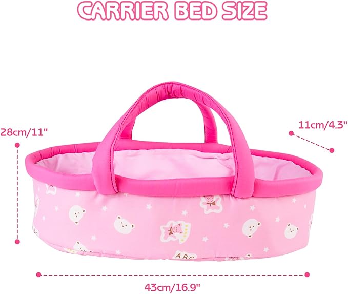 Aori 10 Pcs Reborn Baby Dolls Clothes Set with Pink Bassinet for 16-18 Inch Reborn Doll, Carrier Bed and Doll Clothes Outfit Accessories fit Newborn Baby Girl