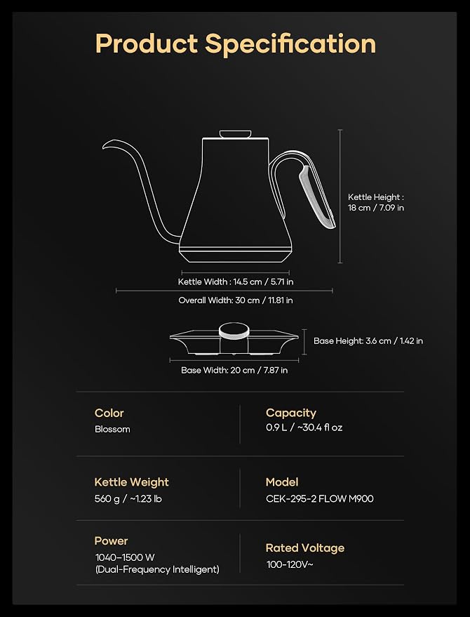 Cocinare Gooseneck Electric Kettle, ±0.5°F Precise Temperature Control, 1500W Fast Heating, Pour-Over Coffee & Tea, Stainless Steel, 0.9L (Artisan Blossom Design)