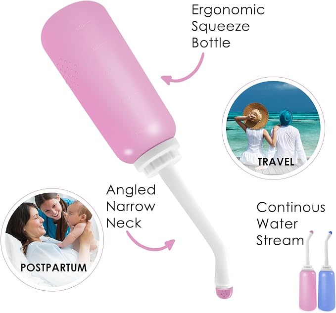 Peri Bottle Postpartum, RUFCRIL 2-Pack 500ml Portable Bidet, Upside Down Perineal Wash Bottle, Boilable TPE, Travel Bag, for Perineal Care, Hemorrhoid Care, Feminine Cleansing & Baby (Pink/Blue)