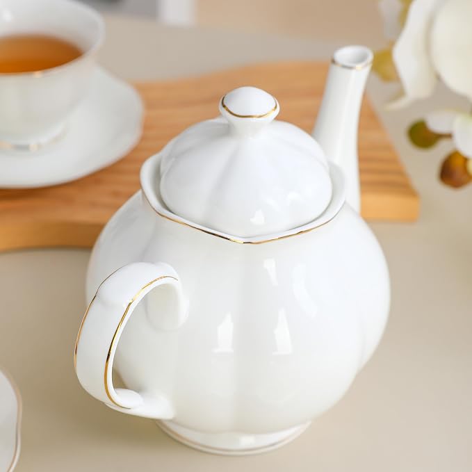 34oz White Porcelain Teapot with Gold Trim, Classic Ceramic Teapot for Loose Leaf Tea & Tea Bags, Elegant Teapot for Daily Use or Gifts