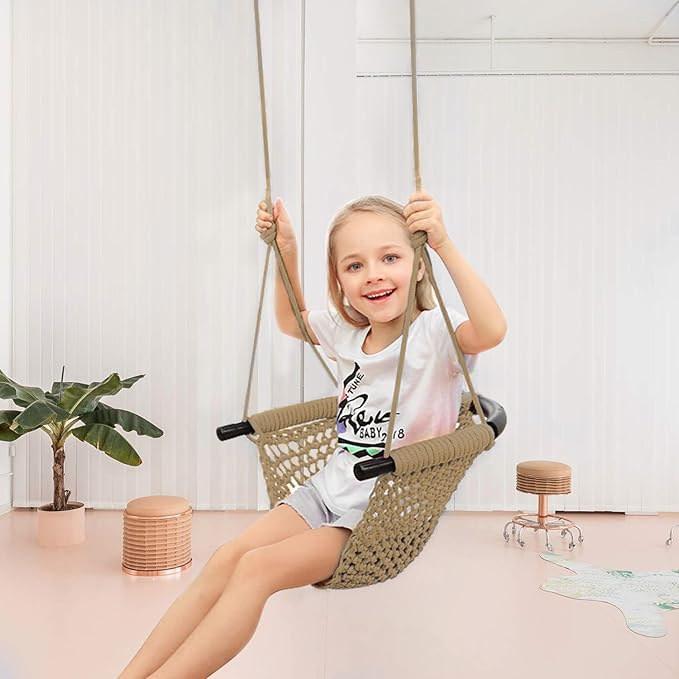 JKsmart Toddler Swing, Swing Seat for Kids Heavy Duty Rope Play Secure Children Swings Set, Perfect for Indoor,Outdoor,Playground,Home,Tree,with Snap Hooks & Straps,440 lbs Capacity, Light Brown