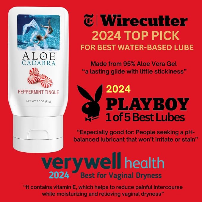 Aloe Cadabra Flavored Personal Lubricant & Vaginal Moisturizer, NSF Certified Organic Edible Aloe Lube for Men, Women & Couples, Non-Staining, pH Balanced, Toy Compatible (Peppermint, 2.5 Ounces)