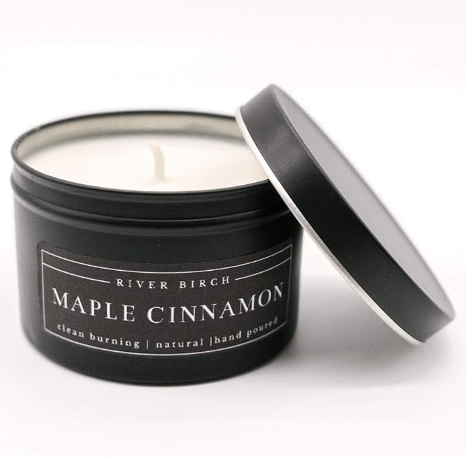 River Birch Candles Maple Cinnamon Scented Candle | Premium, All-Natural, Non-Toxic, Soy Candles | 8 oz. Black Matte Tin Travel Candle | Cozy Relaxing Gifts for Home