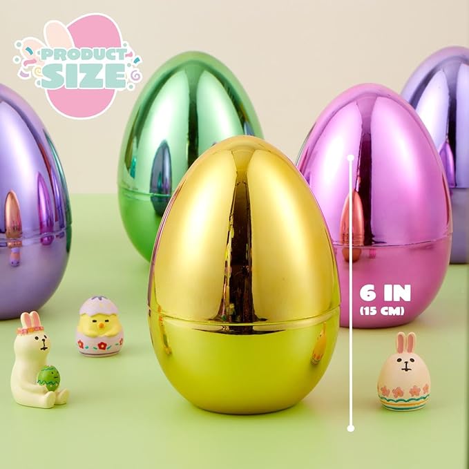 JOYIN 6 Pcs Large Metallic Easter Eggs, 6 Inches Colorful Jumbo Plastic Eggs Fillable for Easter Themed Hunt Basket Stuffers Fillers Filling Treats Party Favor Classroom Prize Supplies