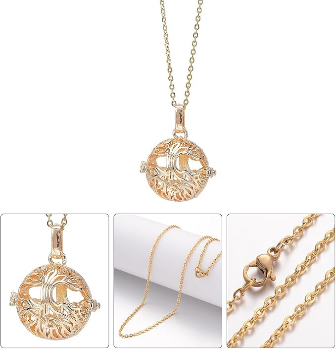 SUNNYCLUE 1 Box 5Pcs Aromatherapy Necklaces Diffuser Necklace with 20Pcs Pom Pom Ball Tree of Life Angel Essential Oil Diffuser Jewelry 304 Stainless Steel Hollow Bead Cage Pendants for Women Gifts