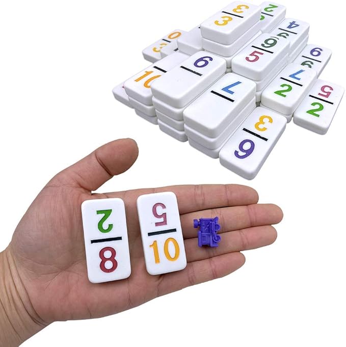 PUREPLAY Mexican Train Dominoes Set with Numbers - Double 12 Colored Number Dominoes - Includes 91 Tiles with 9 Trains, Plastic Pieces and Aluminum Case for 2-8 Players Ages 8+