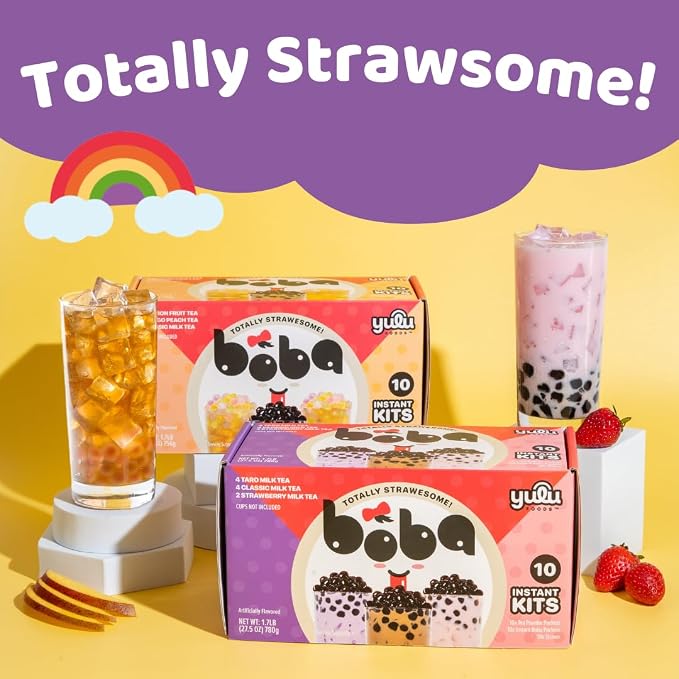 Boba Bundle Kit 10 Serv. Instant Bubble Pearl Variety Milk Tea Kit with Authentic Brown Sugar Tapioca Pearls by Yulu Foods - Ready in Under 1 Minute, Includes Paper Straws - Gift Box, Holiday (Classic, Taro and Strawberry)