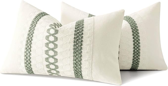 MIULEE Set of 2 Sage Green Boho Decorative Lumbar Pillow Covers 12x20 Inch | Farmhouse Couch Throw Pillows, Modern Cotton Cushion Covers, Macrame Woven Spring Home Decor for Bed Sofa Chair