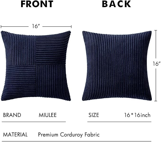 MIULEE Navy Blue Decorative Throw Pillow Covers 16x16 Inch for Couch Bed Sofa Pack of 2 Boho Farmhouse Throw Pillows Soft Cross Corduroy Patchwork Textured Cushion Cases
