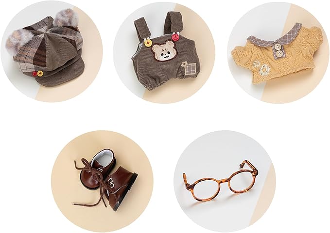 CALEMBOU Soft Stuffed Animal Clothes, Cute 20cm Plush Doll Clothe Set for Stuffed Animals, Hat Shirt Shoes Glasses Bag Bib Pants 20cm Doll Clothes (Leopard Doll Clothes Set-20cm/8)