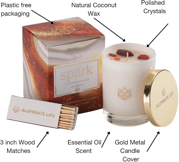 Luxury Glass Jar Seasonal Candle, 14 OZ, Spark - Red Aventurine Crystal Infused - Holiday Scents of Orange Peel, Smoky Undertones, & White Cedar - Coconut Wax, Essential Oils