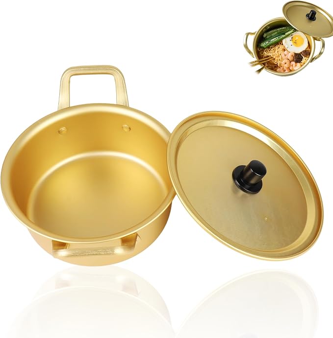 Korean Ramen Noodle Pot, Ramen Noodle Cookware Yellow Aluminum Non Stick Korean Traditional Quick Cooking Bowl for Open Fire and Electric Ceramic Stove(16cm Pot)