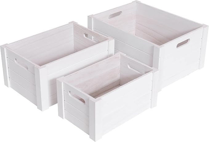 Farmhouse Modern White Wooden Crates For Storage | Rustic Decorative Boxes,Set Of 3 Large Nesting Wooden Storage Crates For Home Decor,Handmade Natural Solid Wood Box