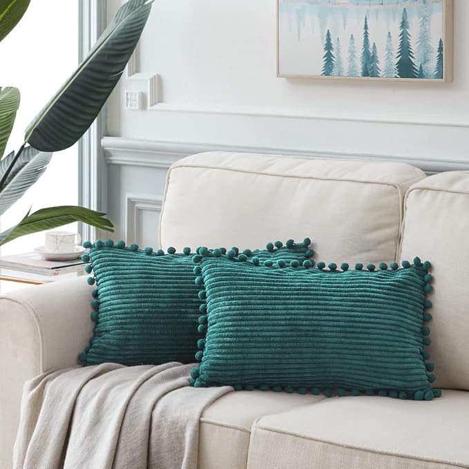Fancy Homi Pack of 2 Teal Decorative Throw Pillow Covers 12x24 Inch with Pom-poms for Living Room Couch Sofa Bedroom, Soft Corduroy Solid Lumbar Cushion Case 30x60 cm, Rustic Farmhouse Home Decor