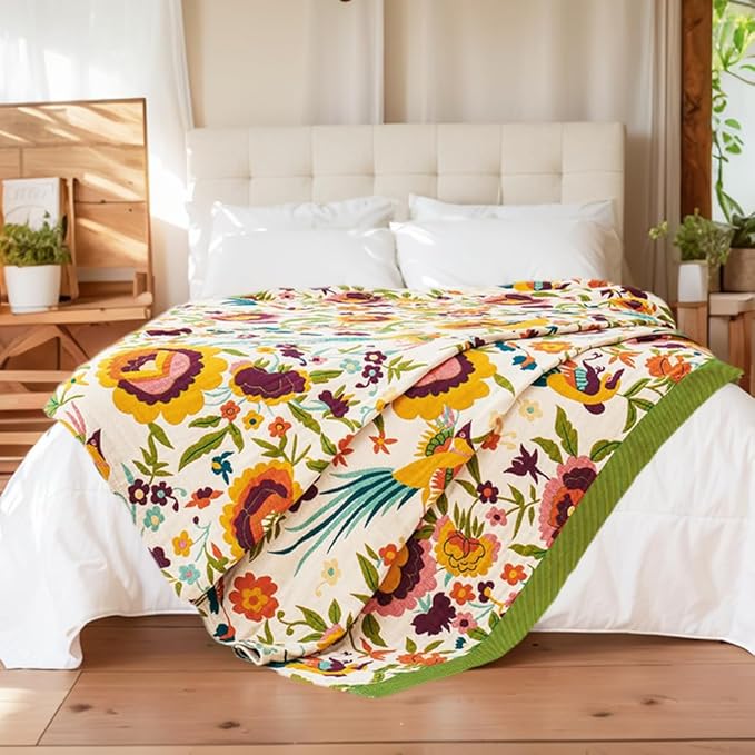 VANJOROY Boho Throw Blanket, 100% Organic Cotton Breathable Ultra Soft 91" x 98" Bed Quilt Throw - All Season Floral Rustic Farmhouse Decor Luxury Reversible Blanket for Sofa Couch Chair and Gift