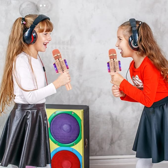 Amazmic Kids Karaoke Microphone Machine Toy Bluetooth Microphone Portable Wireless Karaoke Machine Handheld with LED Lights, Gift for Children Adults Birthday Party, Home KTV(Champagne)