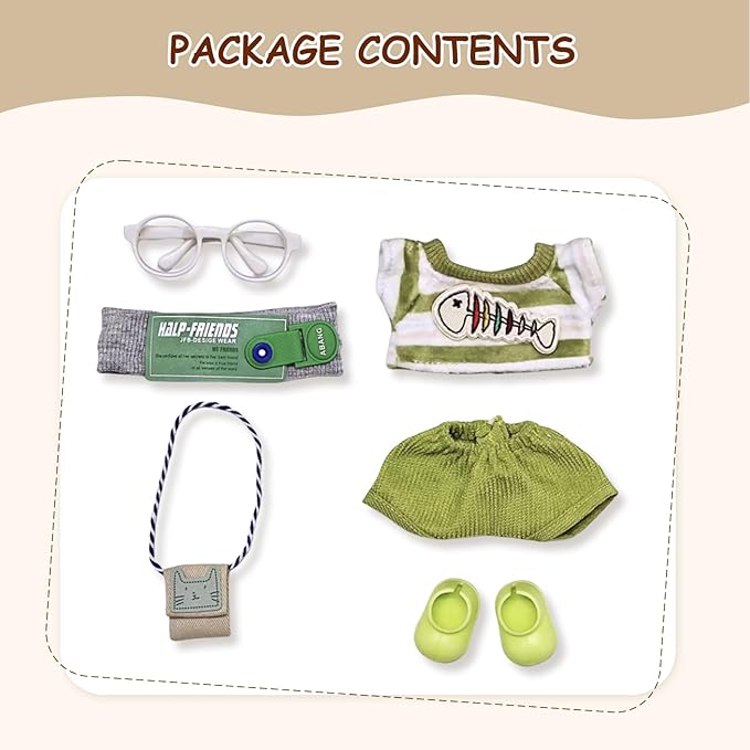 17cm Doll Clothes Set (6-Pcs Outfit), Stylish Clothing for Bunny Doll with Top, Pants, Shoes & Accessories, Just Clothes